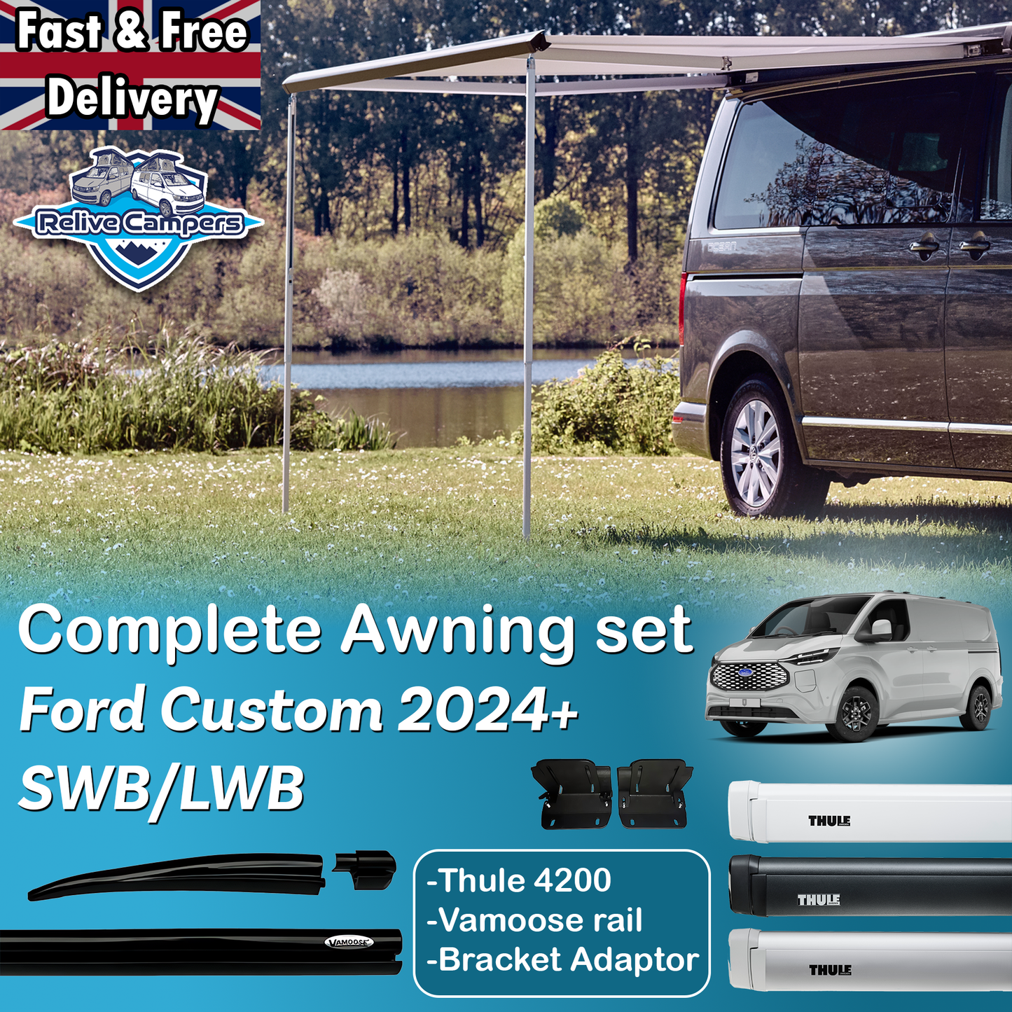FORD CUSTOM 2024+ / THULE 4200 AWNING + AWNING RAIL / CHOICE OF COLOURS