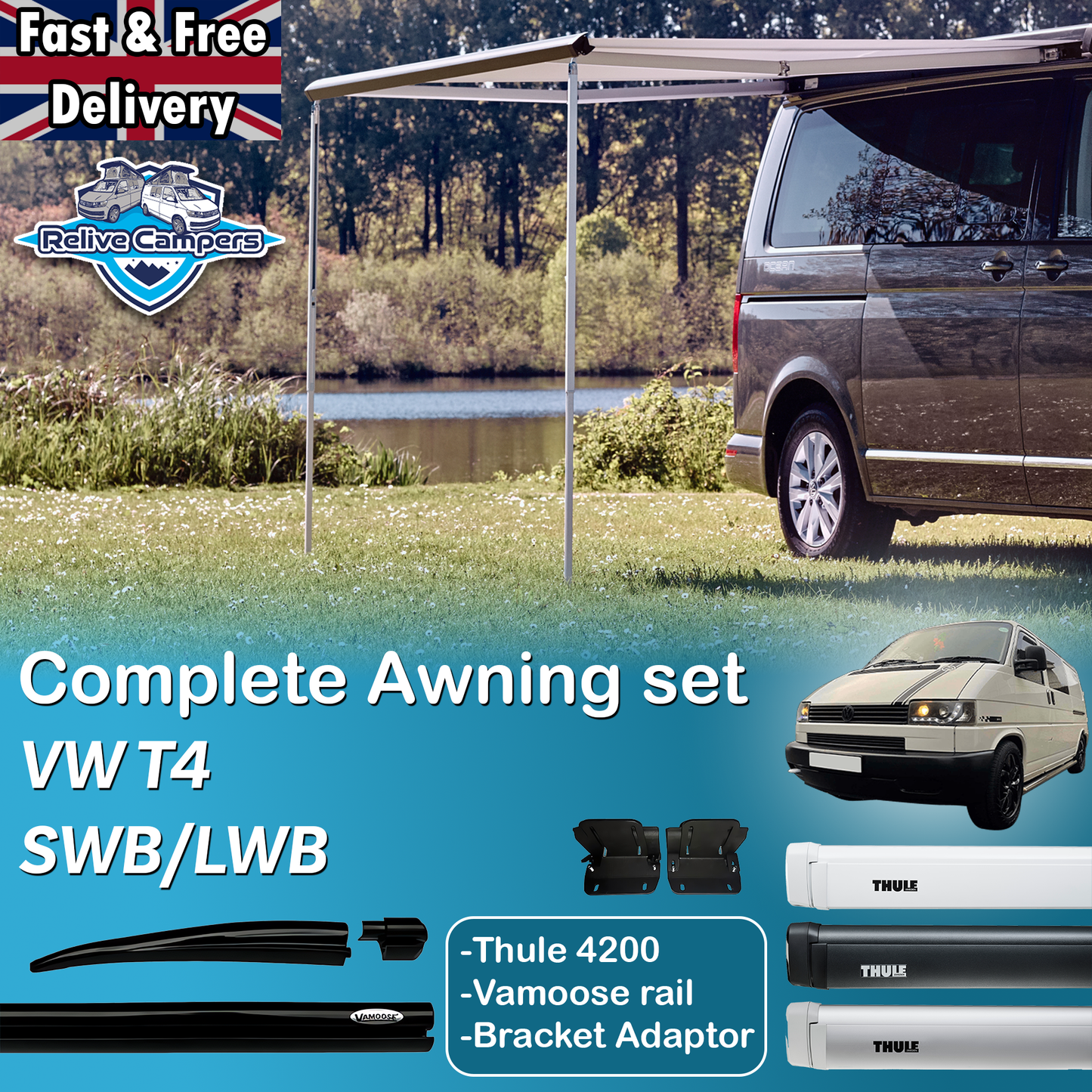 VW T4 TRANSPORTER 1990-2005 / COMPLETE AWNING SET + BRACKETS, THULE 4200