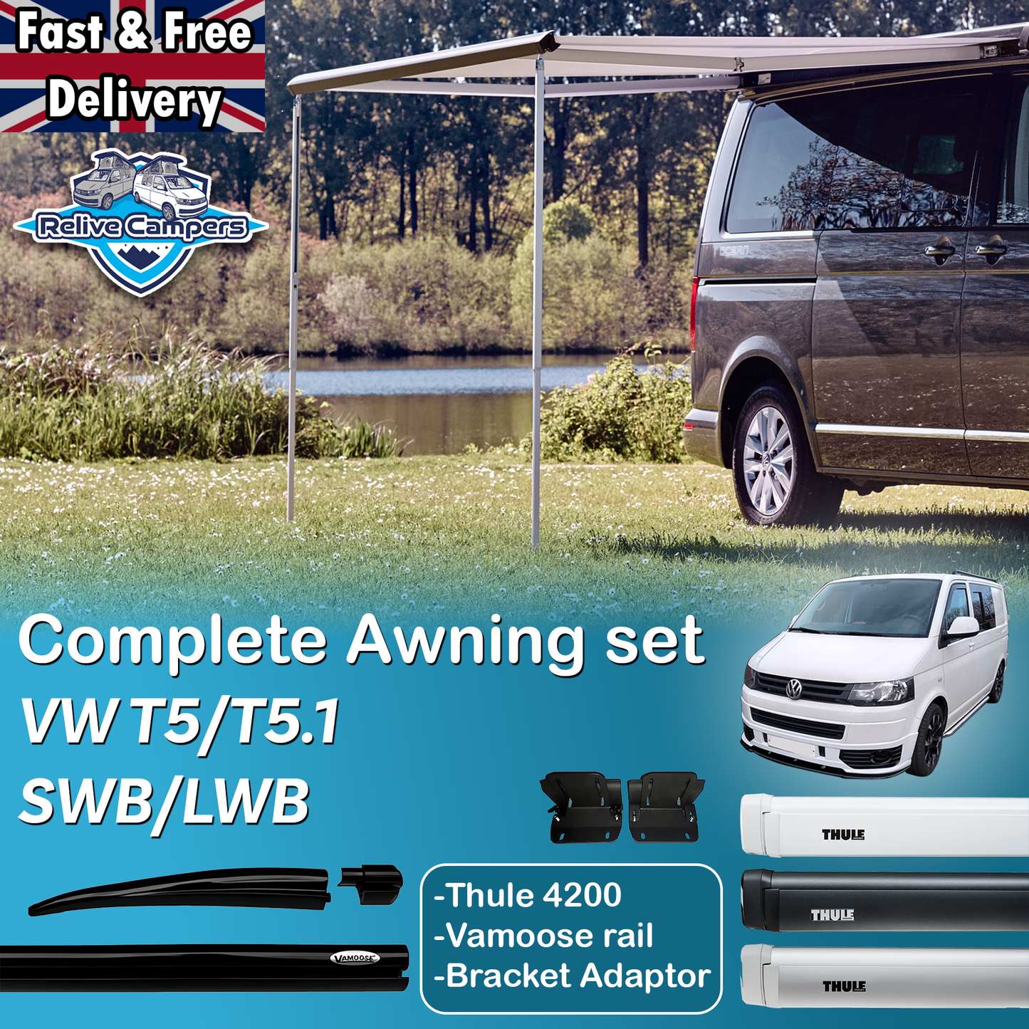 VW T5/T5.1 TRANSPORTER 2003-2015 / COMPLETE AWNING SET + BRACKETS, THULE 4200