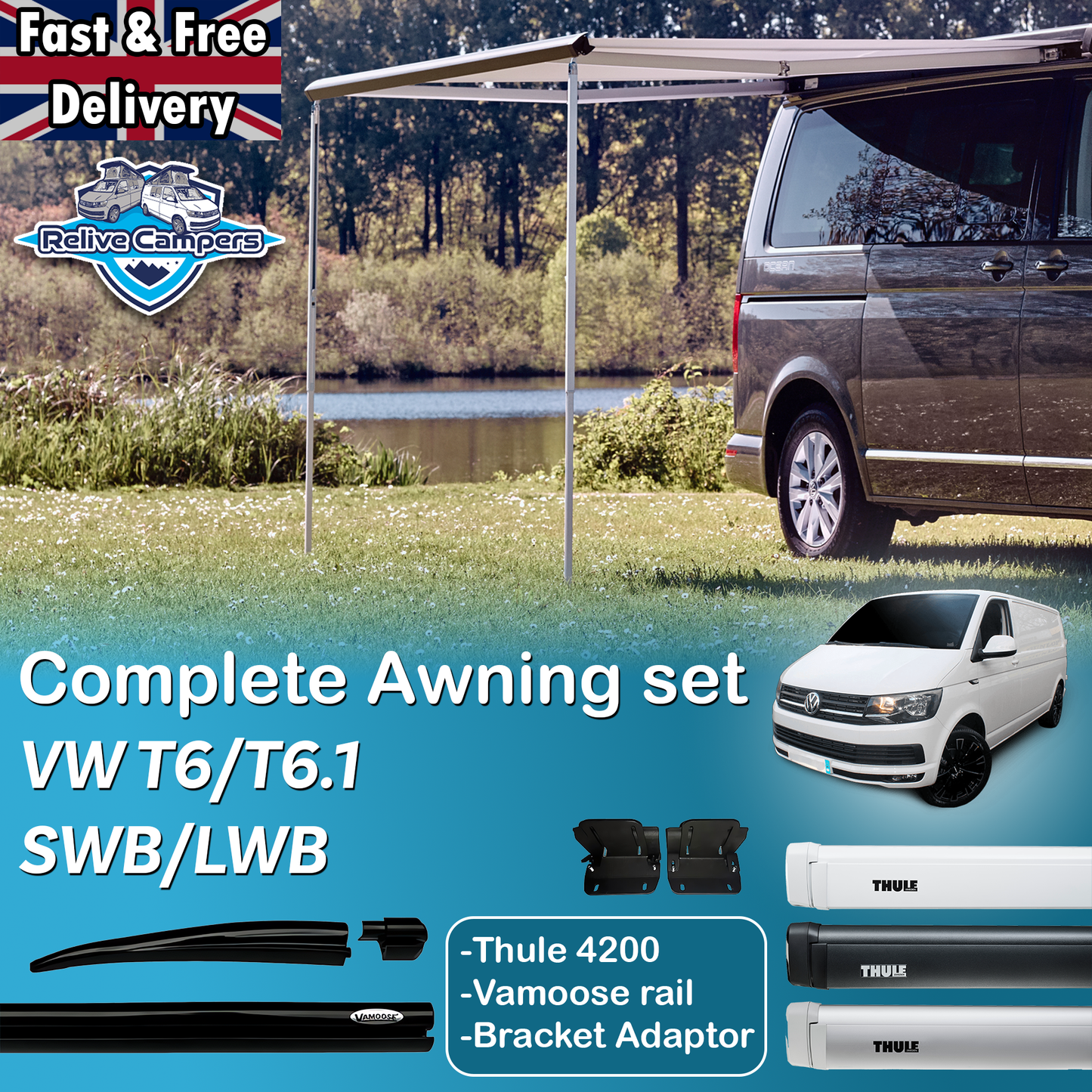 VW T6/T6.1 TRANSPORTER 2015-2024 / COMPLETE AWNING SET + BRACKETS, THULE 4200
