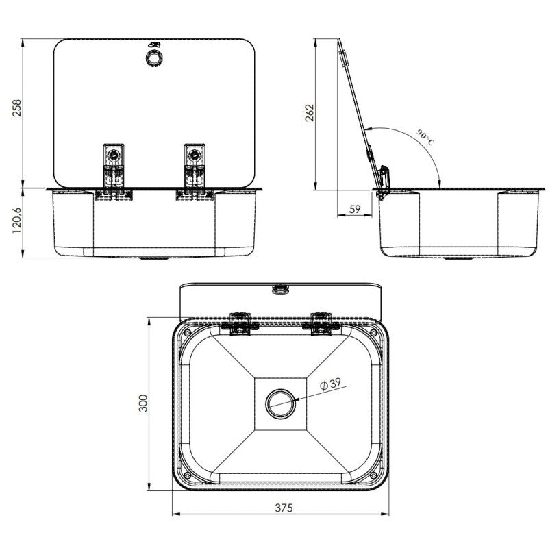 RECTANGULAR SINK 375 x 300 x 121 mm W. GLASS LID