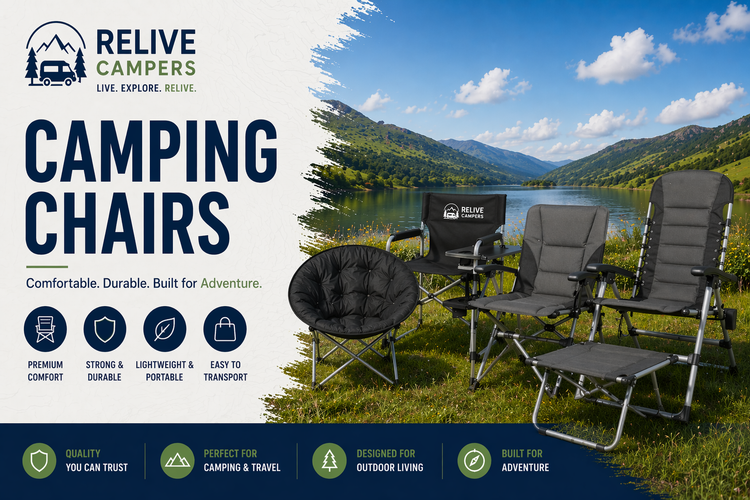 Camping chairs collection banner with folding, reclining and portable outdoor chairs for campervans and camping
