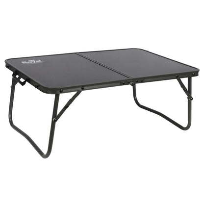 Folding black camping table with metal frame and carrying handle, suitable for campervan use.