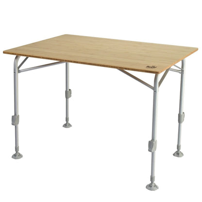 Portable bamboo camping table with adjustable metal legs for campervan or outdoor use