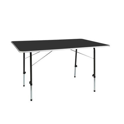Folding camping table with black tabletop and adjustable metal legs