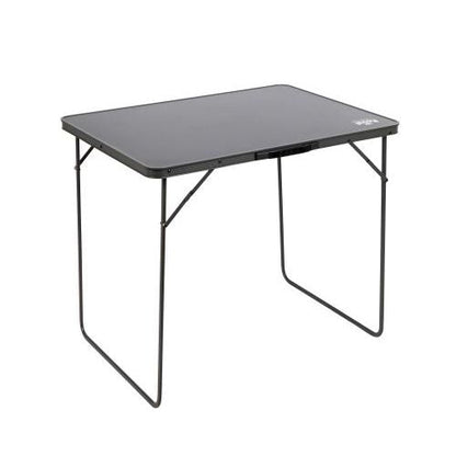 Portable folding camping table with black surface and metal legs, ideal for campervan use