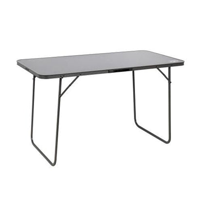 Rectangular folding camping table with black metal legs and flat grey surface