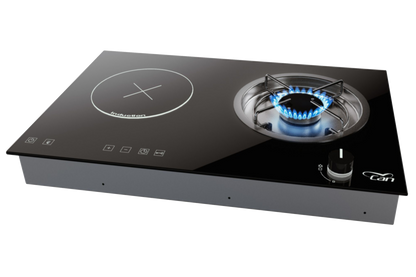 Campervan dual hob with one gas burner and one induction zone, black glass surface