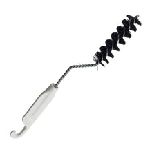 Black bristle pipe cleaning brush with white plastic handle and angled twisted wire stem