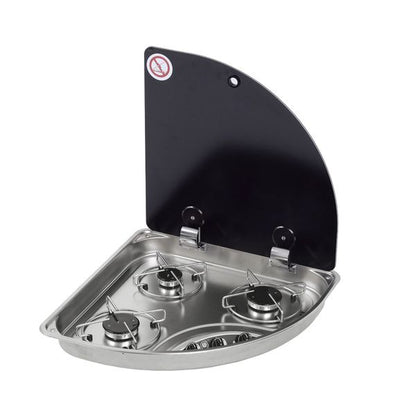 Stainless steel campervan gas hob with three burners and black glass lid