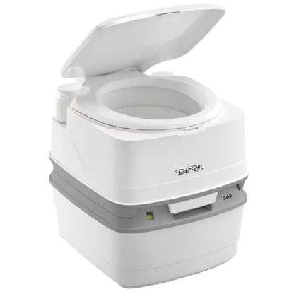 Portable campervan toilet with lid open, ideal for camper conversions and van life.