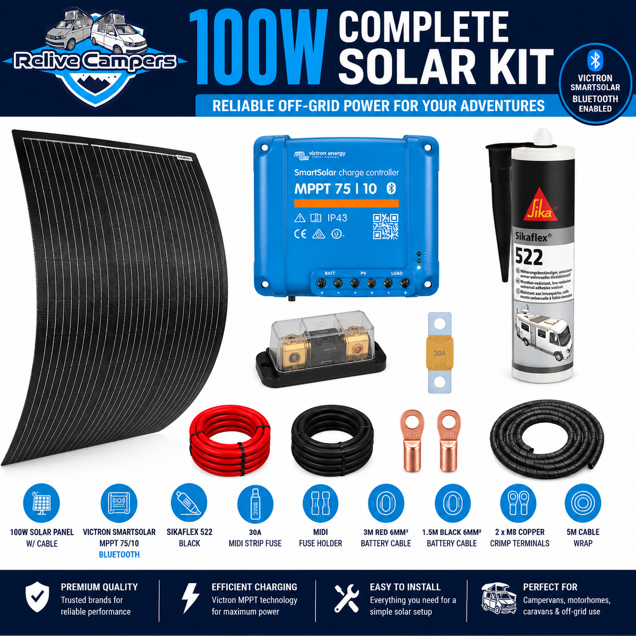 100W Complete Victron Solar Kit with SmartSolar MPPT 75/10 Controller and Optional Lithium Battery Upgrade