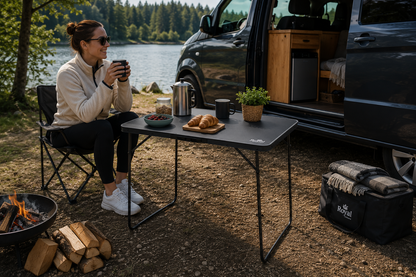 Royal Leisure folding camping tea table with charcoal MDF top