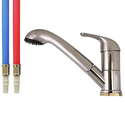 Campervan mixer tap with chrome finish and red and blue water hoses