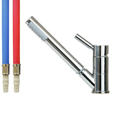 Chrome campervan tap with hot and cold water hoses, ideal for van conversions.