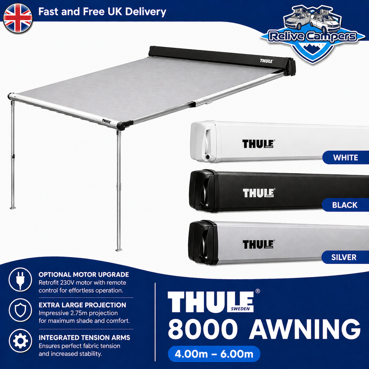 Thule Omnistor 8000 Campervan Awning – Premium Cassette Awning (Motor Upgrade, 2.75m Projection)