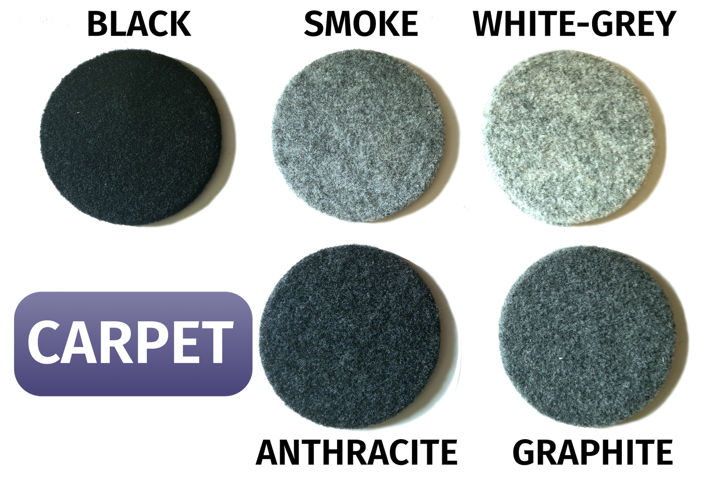 Campervan carpet swatches in various grey shades, labeled 'carpet'.