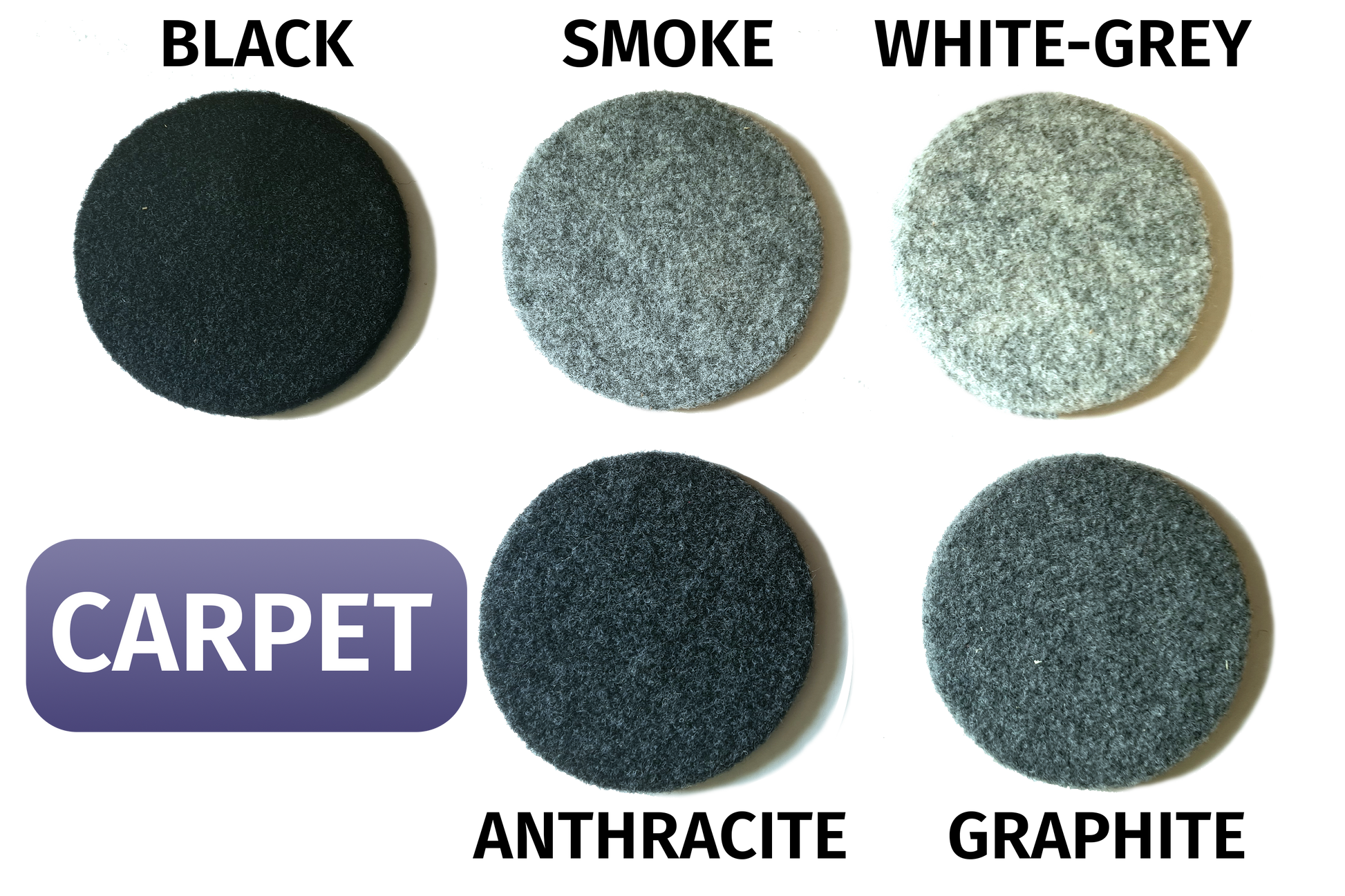 Campervan carpet swatches in various grey shades, labeled 'carpet'.
