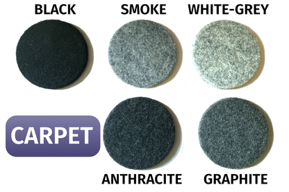 Campervan carpet colour samples in black, smoke, white-grey, anthracite, and graphite