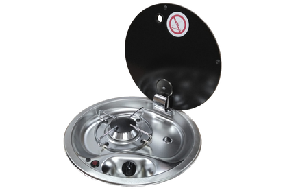 Round stainless steel campervan hob with single gas burner and hinged black lid
