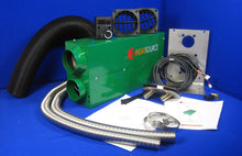 Campervan heater installation kit with green unit, ducting, vents, wiring, and mounting parts