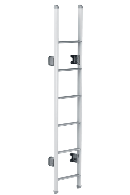 Aluminum campervan ladder with mounting brackets and non-slip steps on white background.