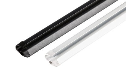 Black and silver tent fixation rails for campervan awnings on white background