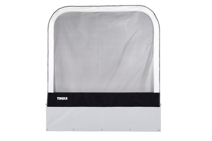 Rectangular campervan mosquito net with black and white trim, clear lower panel, and mesh center.