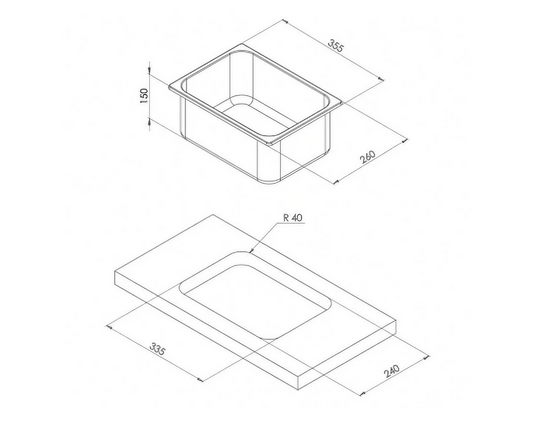 RECTANGULAR SINK 355 x 260 x 150 mm