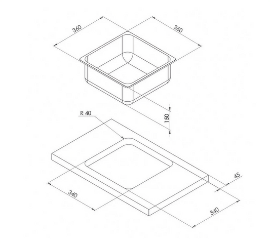 SQUARE SINK 360 x 360 x 150 mm