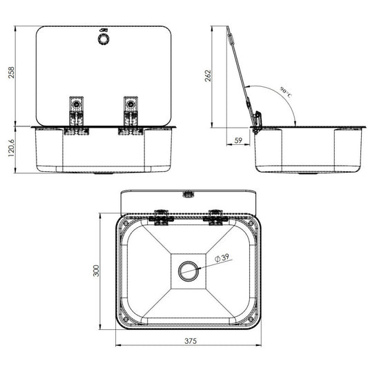 RECTANGULAR SINK 375 x 300 x 121 mm   W. GLASS LID
