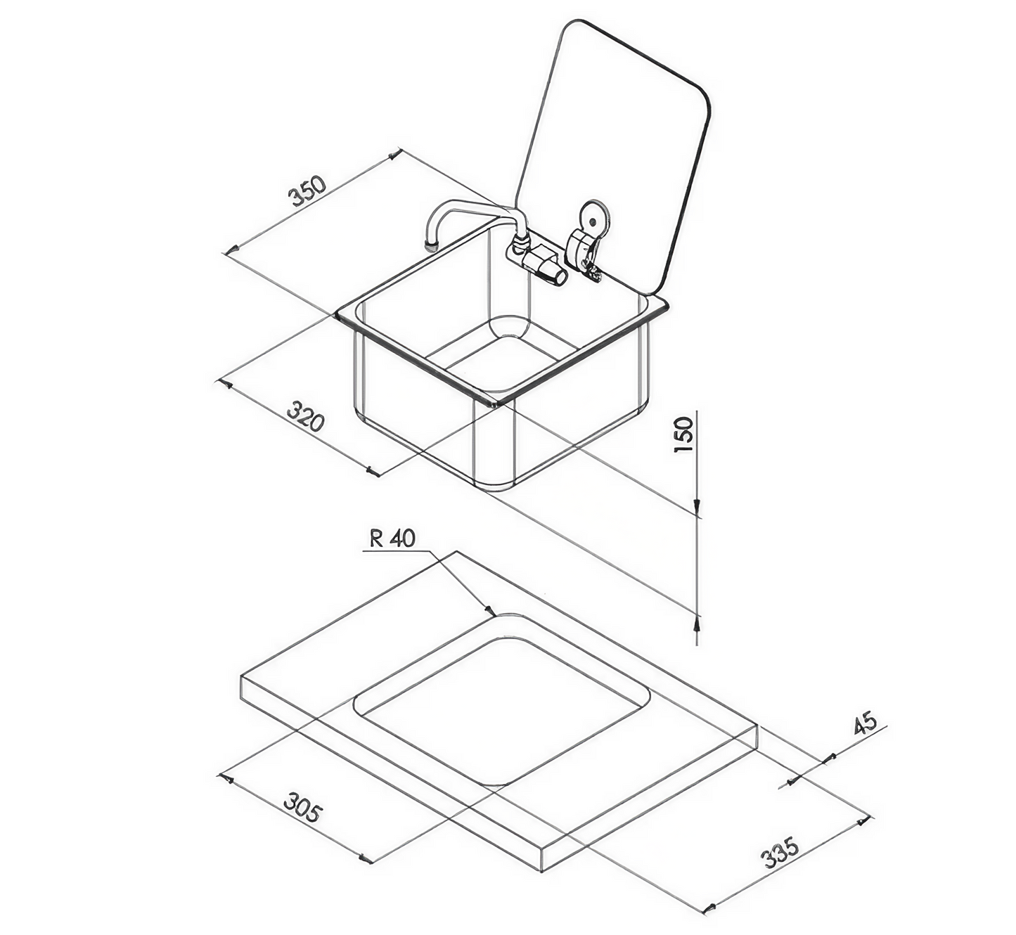 RECTANGULAR SINK 350 x 320 x 150   W. GLASS LID