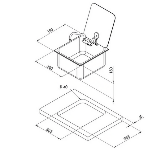 RECTANGULAR SINK 350 x 320 x 150   W. GLASS LID