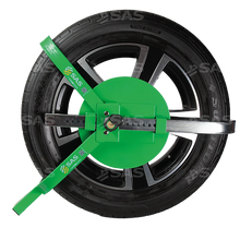 SAS GREEN V3 wheel clamp fitted to a caravan wheel