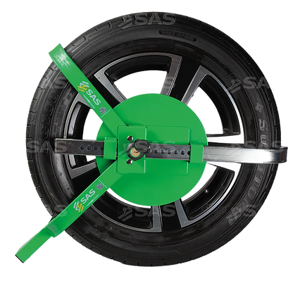 SAS GREEN V3 wheel clamp fitted to a caravan wheel