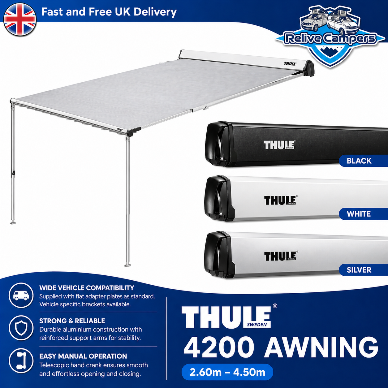 Thule 4200 Campervan Awning – Manual Cassette Awning (White/Silver/Black, 2.6m–4.5m)