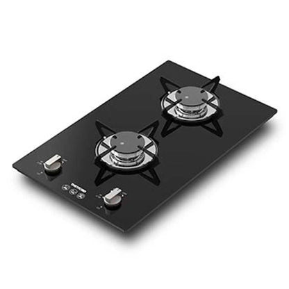 Black glass two burner gas hob with control knobs, ideal for campervan kitchen conversions.
