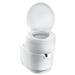 Portable campervan toilet with open lid, compact white design for camper conversions