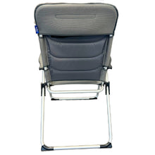 Rear view of a grey padded folding camping chair with aluminum frame