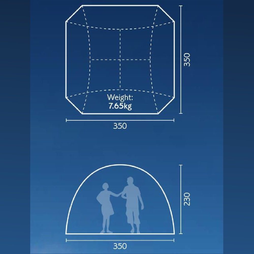 Diagram of camping tent dimensions, showing 350cm width, 350cm depth, 230cm height, weight 7.65kg
