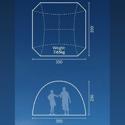 Diagram of camping tent dimensions, showing 350cm width, 350cm depth, 230cm height, weight 7.65kg
