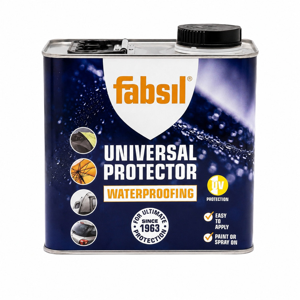 A metal can of Fabsil Universal Protector Waterproofing paint, featuring a dark blue label with a white shield logo and orange brand name, on a white background.