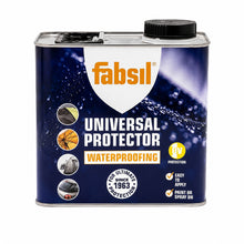 A metal can of Fabsil Universal Protector Waterproofing paint, featuring a dark blue label with a white shield logo and orange brand name, on a white background.