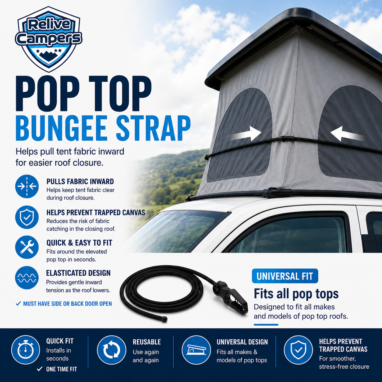 Pop Top Bungee Strap – Campervan Roof Canvas Heavy Duty Strap Universal Fit