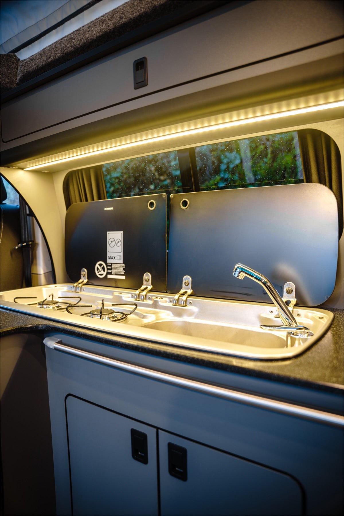 Finished Relive campervan interior with lighting